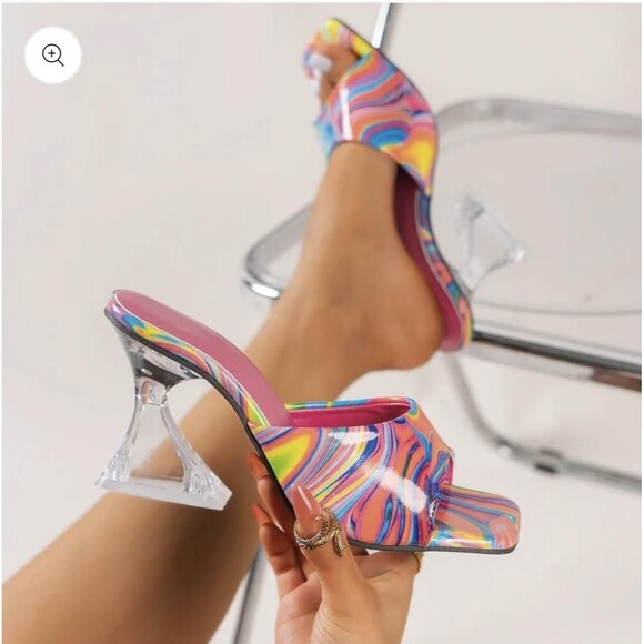 Rainbow Swirl Heels Shoes Womens Size 8.5 EU 39 Lucite Mule Square Toe Sandals - Picture 8 of 10